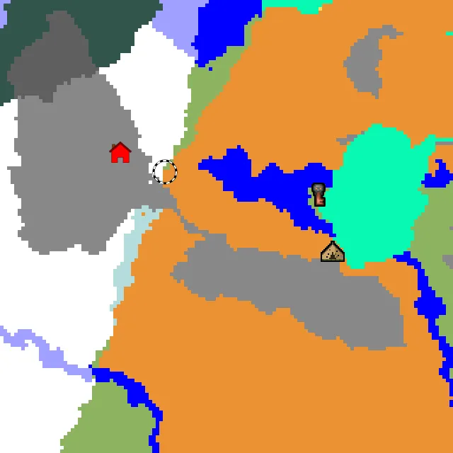 Overworld biome map of seed 1332568118536636 around spawn, with the abandoned camp and dappled forest marked