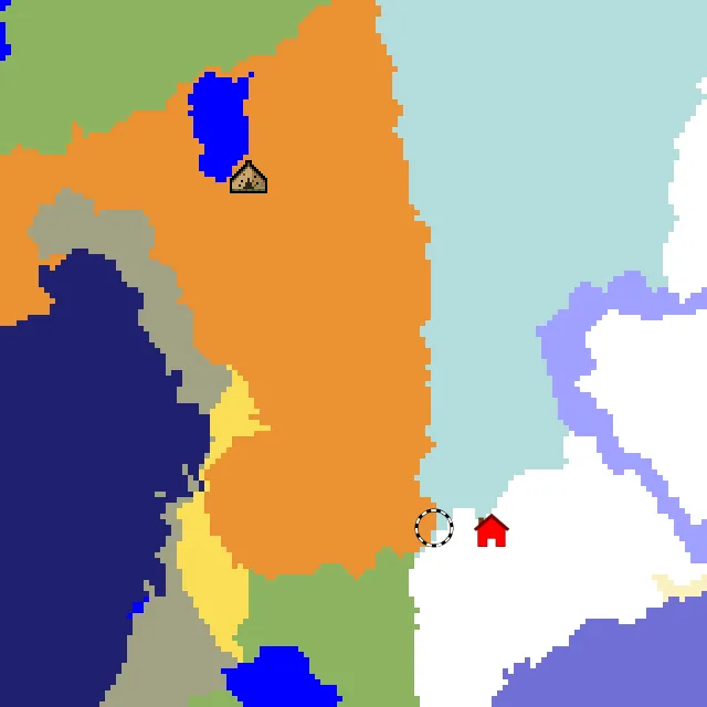 Overworld biome map of seed 17108149081942125 around spawn, with the abandoned camp and dappled forest marked