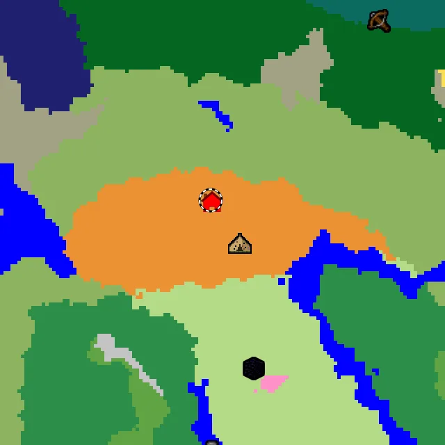 Overworld biome map of seed 17277575243043769 around spawn, with the abandoned camp and dappled forest marked