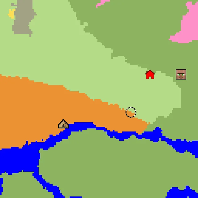 Overworld biome map of seed 2461477476460289 around spawn, with the abandoned camp and dappled forest marked