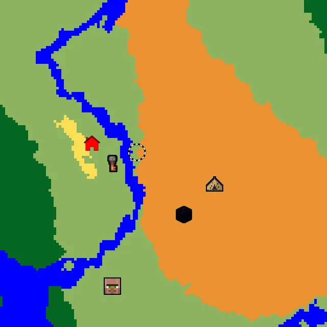 Overworld biome map of seed 4540005795369143 around spawn, with the abandoned camp and dappled forest marked