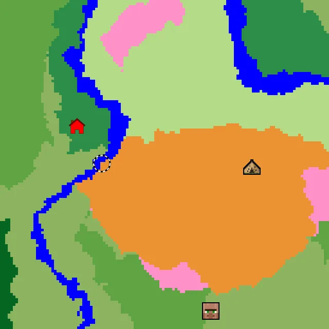 Overworld biome map of seed 5096246946705467 around spawn, with the abandoned camp and dappled forest marked