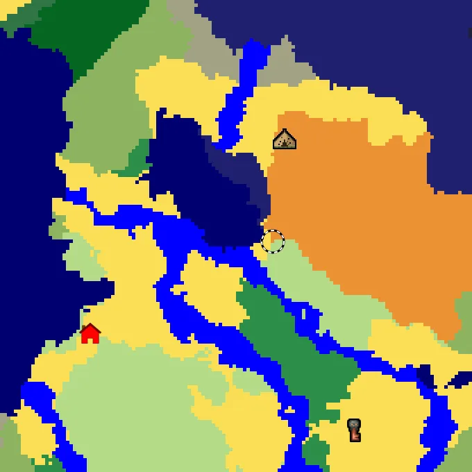 Overworld biome map of seed 6863001104749494 around spawn, with the abandoned camp and dappled forest marked