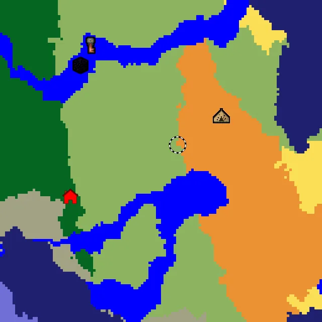 Overworld biome map of seed 942290479523733 around spawn, with the abandoned camp and dappled forest marked
