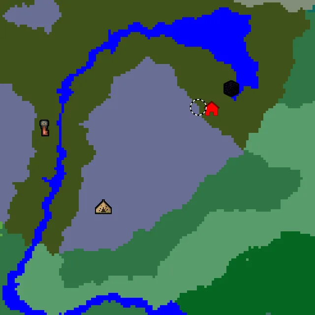 Overworld biome map of seed 17202526513719721 around spawn, with the abandoned camp and pale garden marked