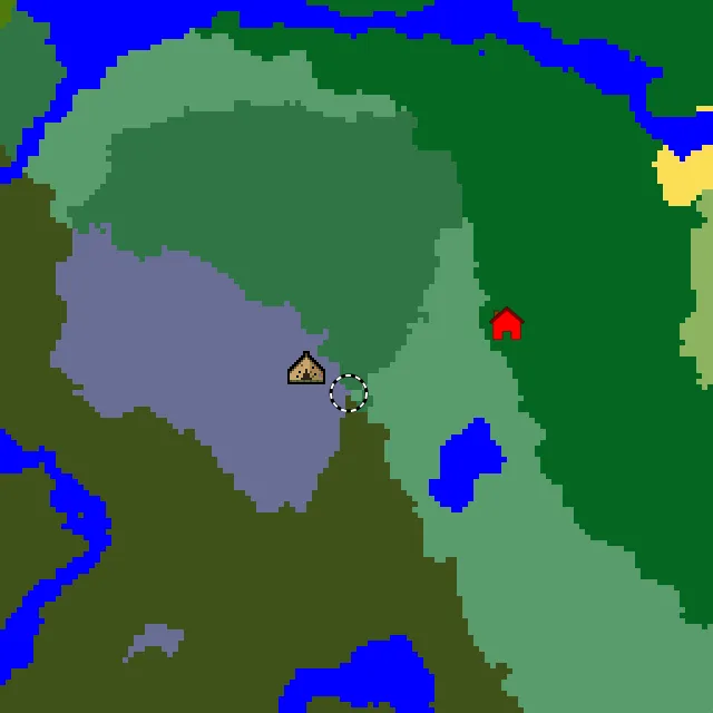 Overworld biome map of seed 19180464107149712 around spawn, with the abandoned camp and pale garden marked