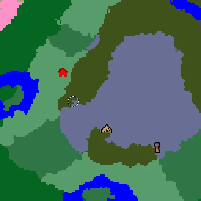 Overworld biome map of seed 34285218160008845 around spawn, with the abandoned camp and pale garden marked