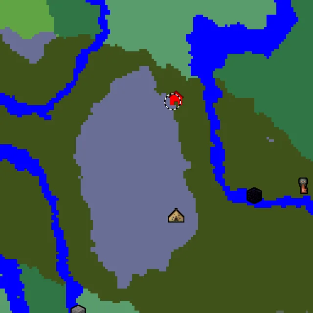 Overworld biome map of seed 4895472382419828 around spawn, with the abandoned camp and pale garden marked