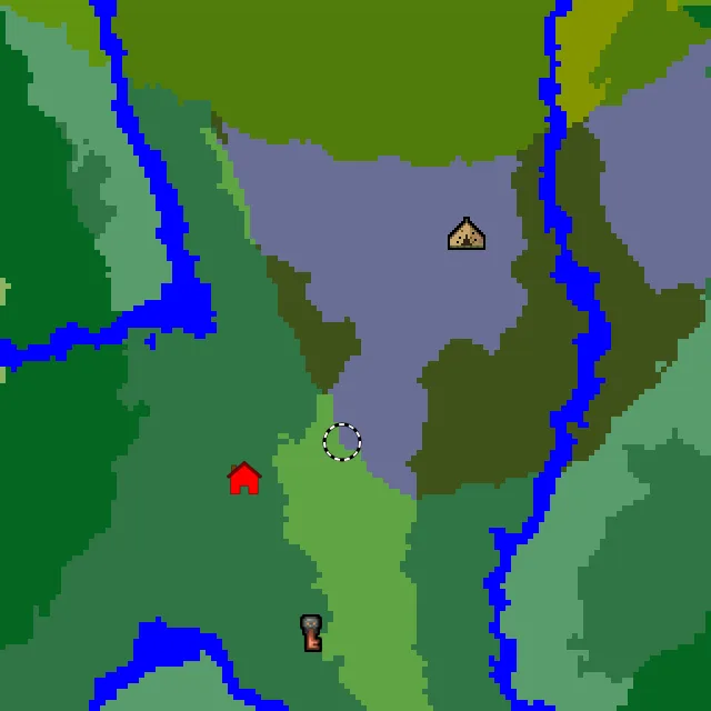 Overworld biome map of seed 6288608918385347 around spawn, with the abandoned camp and pale garden marked