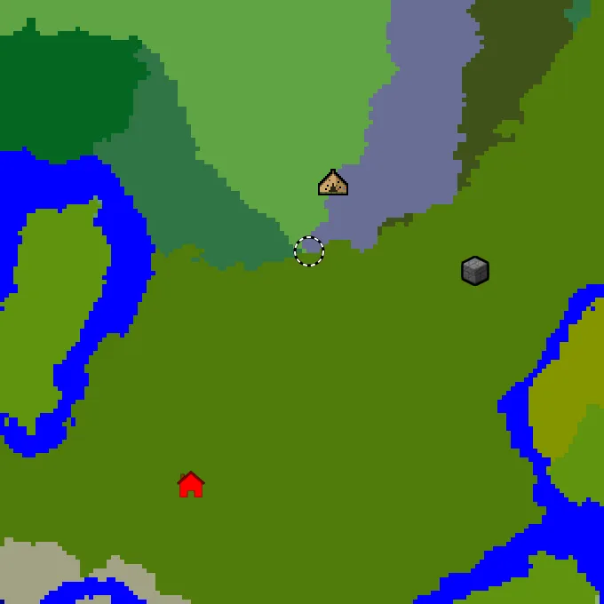 Overworld biome map of seed 6865797219394423 around spawn, with the abandoned camp and pale garden marked