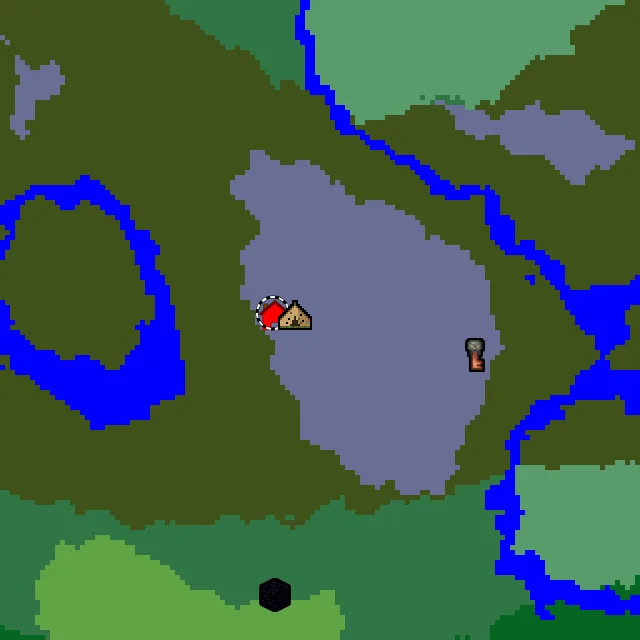 Overworld biome map of seed 7608428869712543 around spawn, with the abandoned camp and pale garden marked