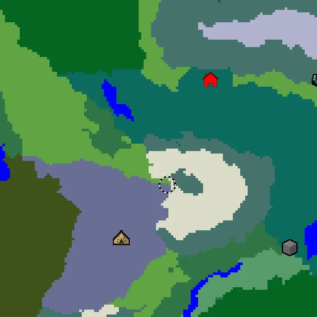 Overworld biome map of seed 8562851341419051 around spawn, with the abandoned camp and pale garden marked