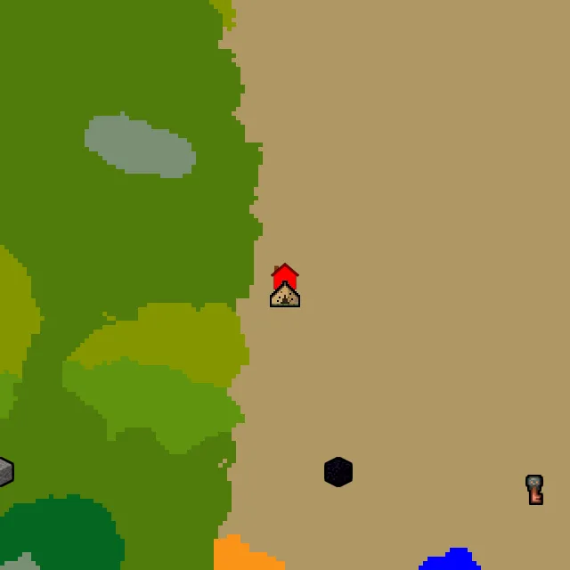 Overworld biome map of seed 109062250015565 around spawn, with the abandoned camp marked