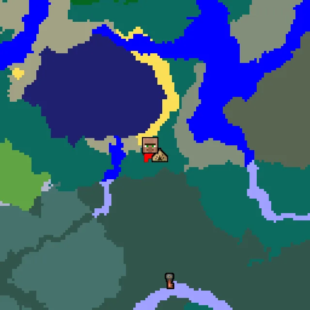 Overworld biome map of seed 13213665042628 around spawn, with the abandoned camp marked