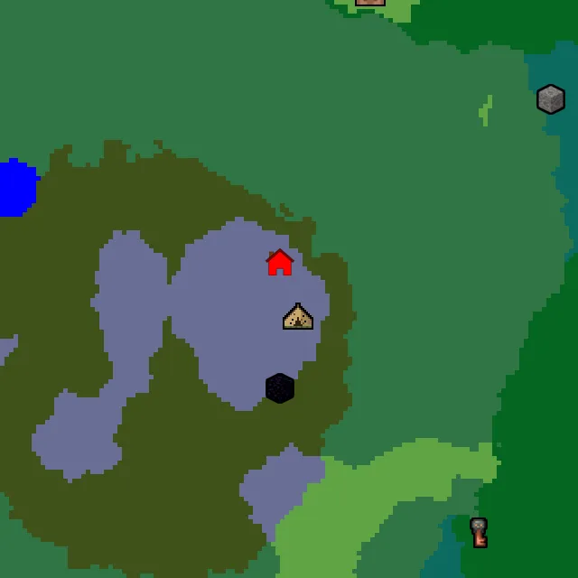Overworld biome map of seed 1697828004813856 around spawn, with the abandoned camp marked