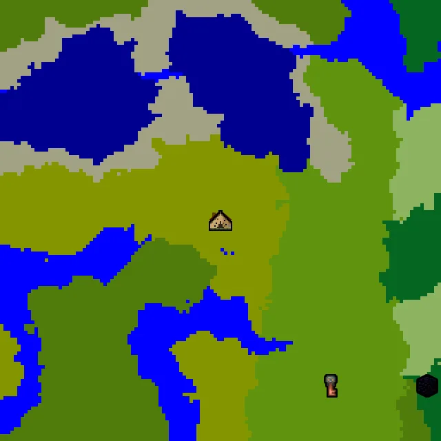 Overworld biome map of seed 205941381969480 around spawn, with the abandoned camp marked