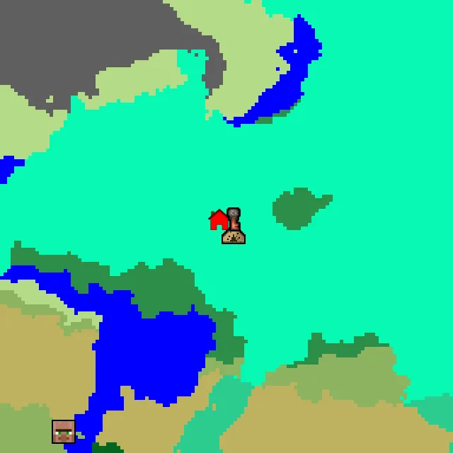 Overworld biome map of seed 423428296863212 around spawn, with the abandoned camp marked
