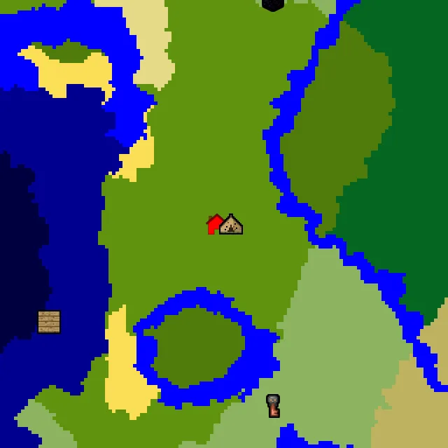 Overworld biome map of seed 857638595174584 around spawn, with the abandoned camp marked