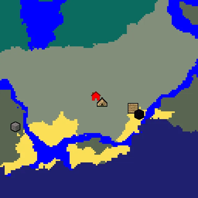 Overworld biome map of seed 86660878744450 around spawn, with the abandoned camp marked
