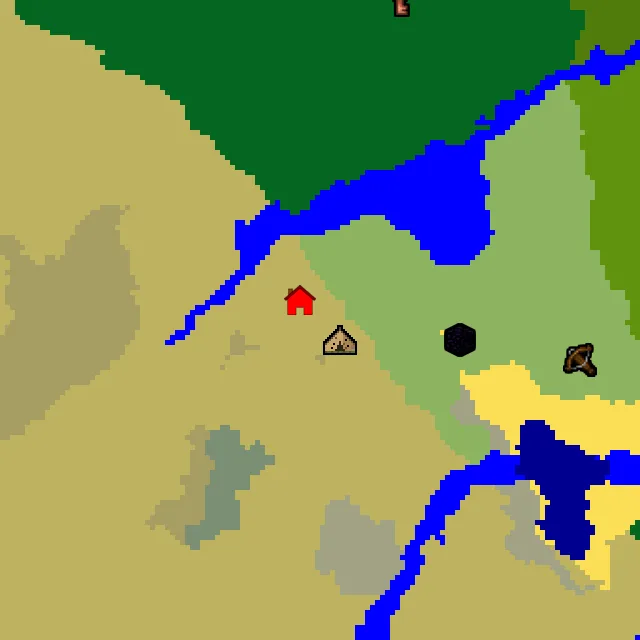 Overworld biome map of seed 975811416019541 around spawn, with the abandoned camp marked