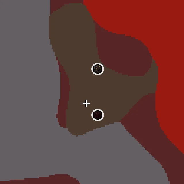 Nether biome map of seed 206213312664520 around Nether 0, 0, with the bastion and fortress marked