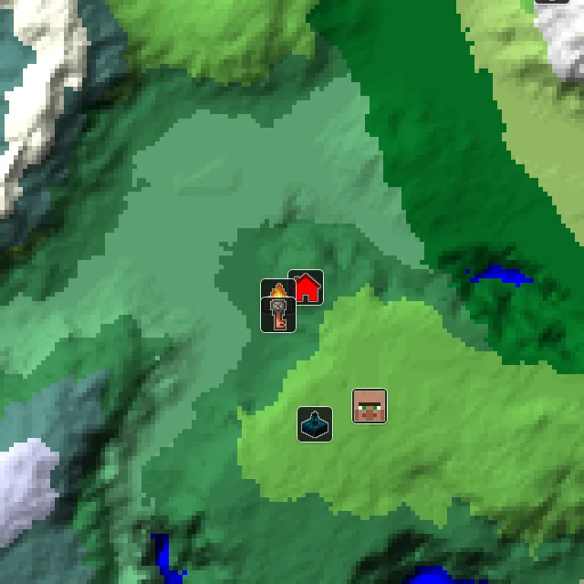 Overworld biome map of seed 1914702869601601 around spawn, with the abandoned camp marked