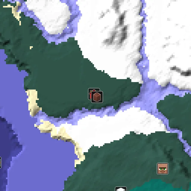 Overworld biome map of seed 70809716471165 around spawn, with the abandoned camp marked