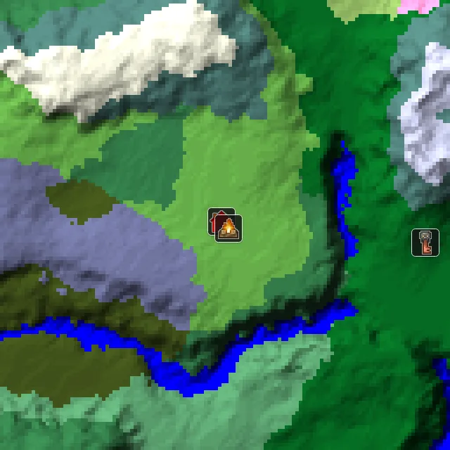 Overworld biome map of seed 745878633206580 around spawn, with the abandoned camp marked
