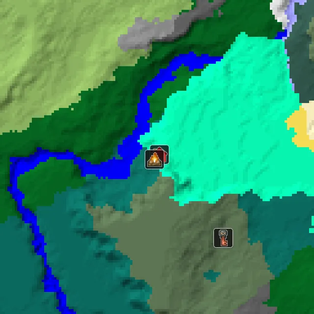 Overworld biome map of seed 825134355963718 around spawn, with the abandoned camp marked