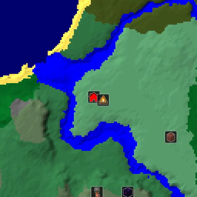 Overworld biome map of seed 82869726639252 around spawn, with the abandoned camp marked