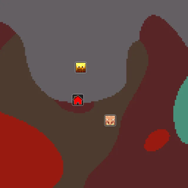 Nether biome map of seed 135150420738692 around Nether 0, 0, with the bastion and fortress marked