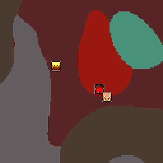 Nether biome map of seed 45482015231497 around Nether 0, 0, with the bastion and fortress marked