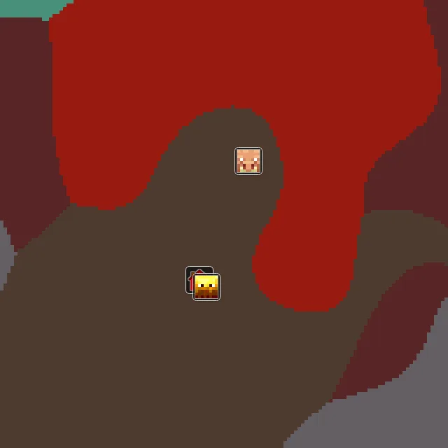 Nether biome map of seed 69581795809965 around Nether 0, 0, with the bastion and fortress marked