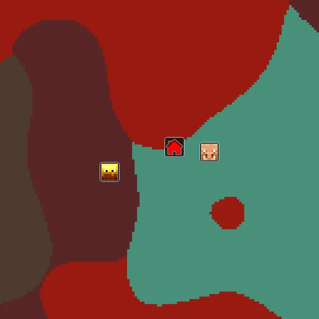 Nether biome map of seed 90485489716607 around Nether 0, 0, with the bastion and fortress marked