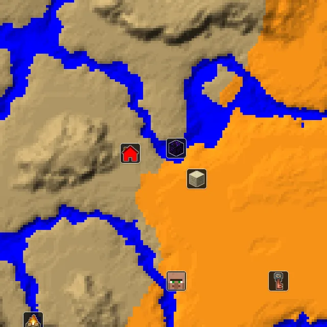 Overworld biome map of seed 10762266789221621 around spawn, with the desert pyramid and ruined portal marked