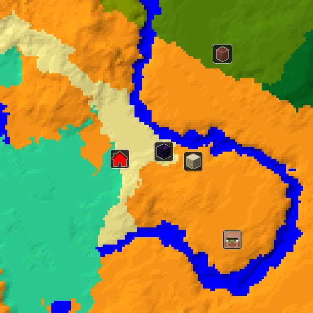 Overworld biome map of seed 11644084636302872 around spawn, with the desert pyramid and ruined portal marked