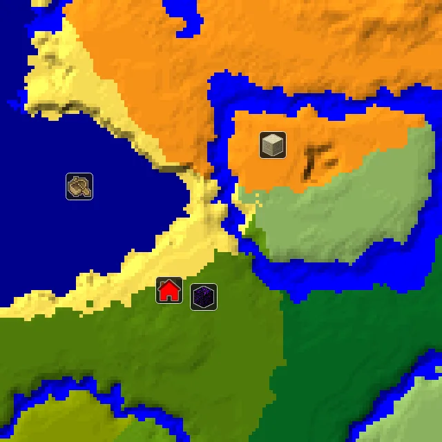 Overworld biome map of seed 14494746418138475 around spawn, with the desert pyramid and ruined portal marked