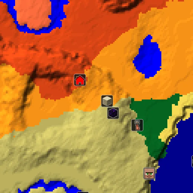Overworld biome map of seed 31219311773972955 around spawn, with the desert pyramid and ruined portal marked