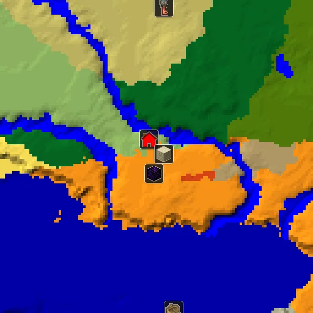Overworld biome map of seed 4135042680060972 around spawn, with the desert pyramid and ruined portal marked