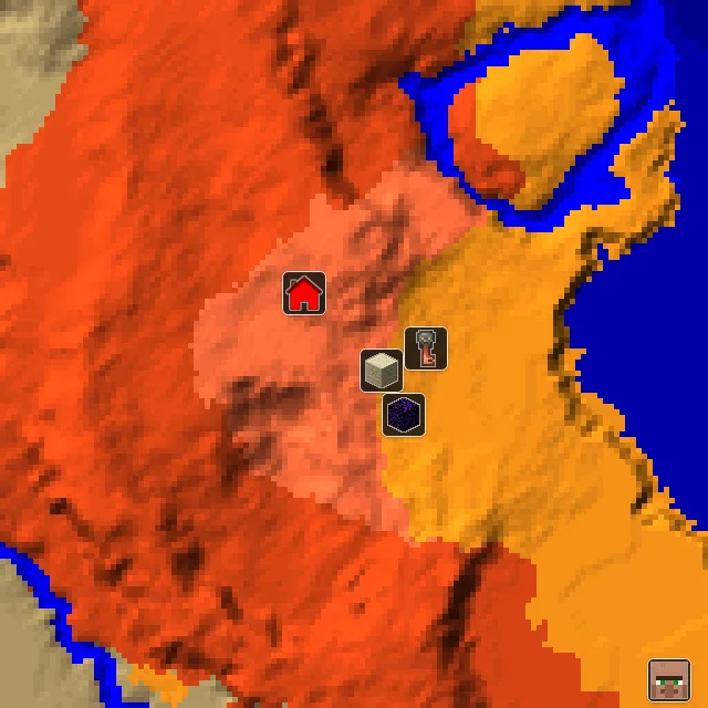 Overworld biome map of seed 7532748520393101 around spawn, with the desert pyramid and ruined portal marked