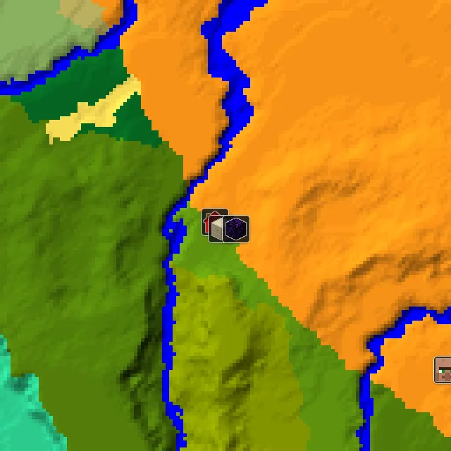 Overworld biome map of seed 9605821809027661 around spawn, with the desert pyramid and ruined portal marked