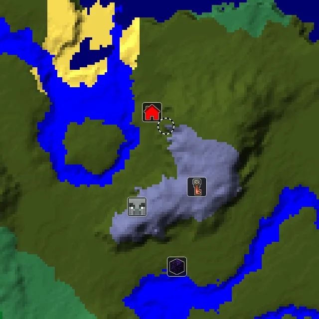 Overworld biome map of seed 11054886613993966 around spawn, with the mansion and pale garden marked