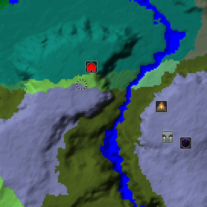Overworld biome map of seed 13206977577002550 around spawn, with the mansion and pale garden and abandoned camp marked