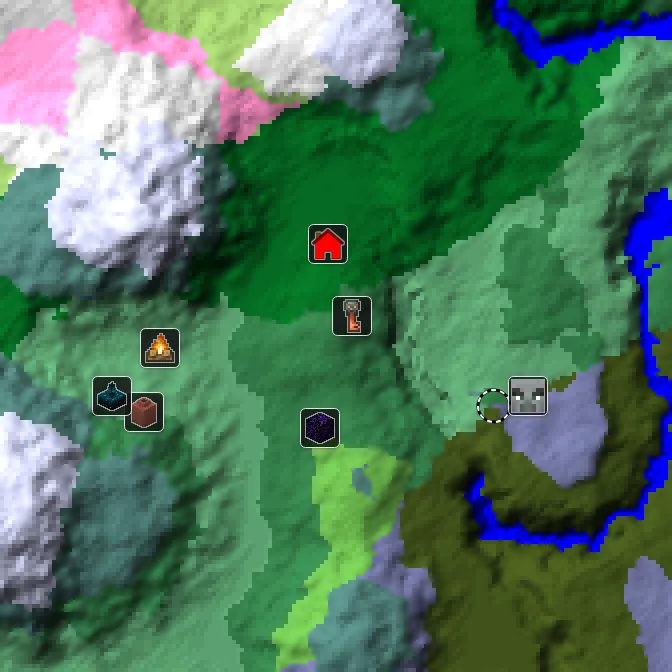Overworld biome map of seed 14692701730786025 around spawn, with the mansion and pale garden and ancient city marked