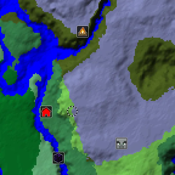 Overworld biome map of seed 1909426146289206 around spawn, with the mansion and pale garden and abandoned camp marked