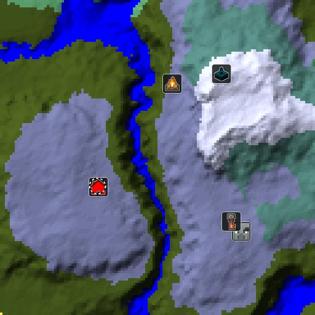 Overworld biome map of seed 2458415603350325 around spawn, with the mansion and pale garden and abandoned camp marked