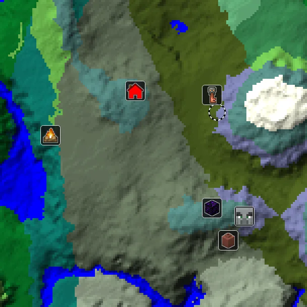Overworld biome map of seed 26095056236328846 around spawn, with the mansion and pale garden and abandoned camp marked