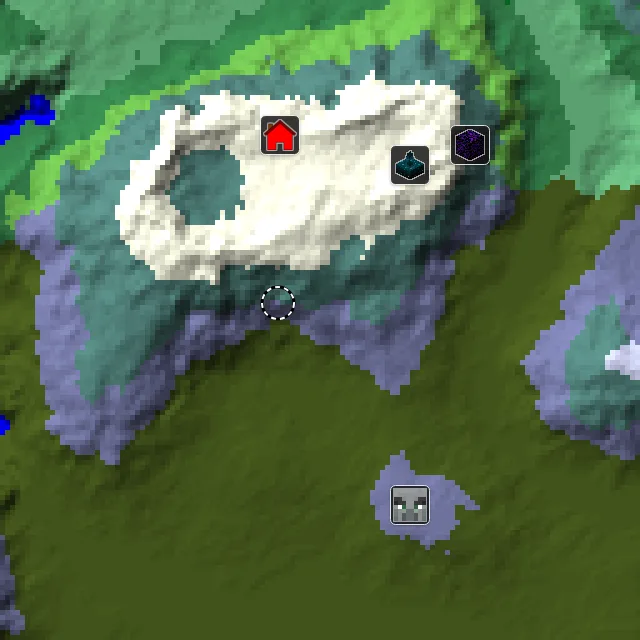 Overworld biome map of seed 59293740626331853 around spawn, with the mansion and pale garden and ancient city marked