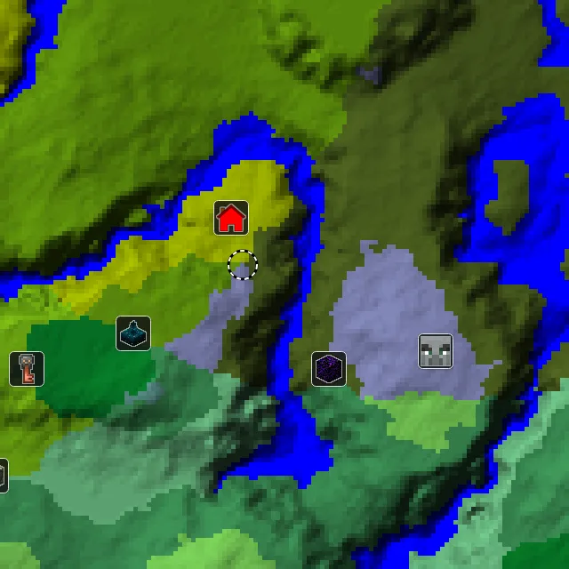 Overworld biome map of seed 599978157029624 around spawn, with the mansion and pale garden and ancient city marked