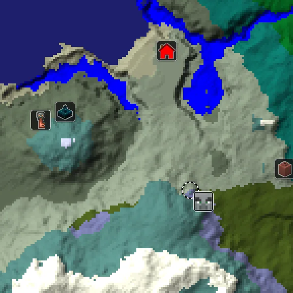 Overworld biome map of seed 6570573781359804 around spawn, with the mansion and pale garden and ancient city marked
